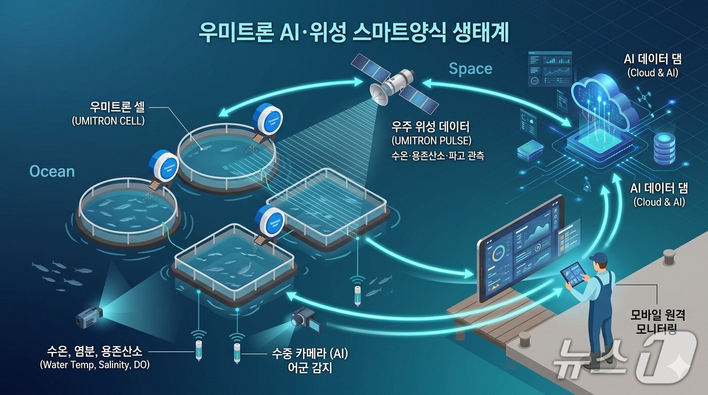본문 이미지 - 우주 위성과 수중 AI, IoT 기술이 결합된 우미트론의 스마트양식 생태계 개념도.(AI 생성 이미지)