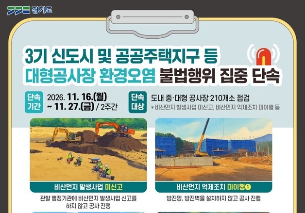 경기도, 중·대형공사장 210곳 환경오염 불법행위 집중단속