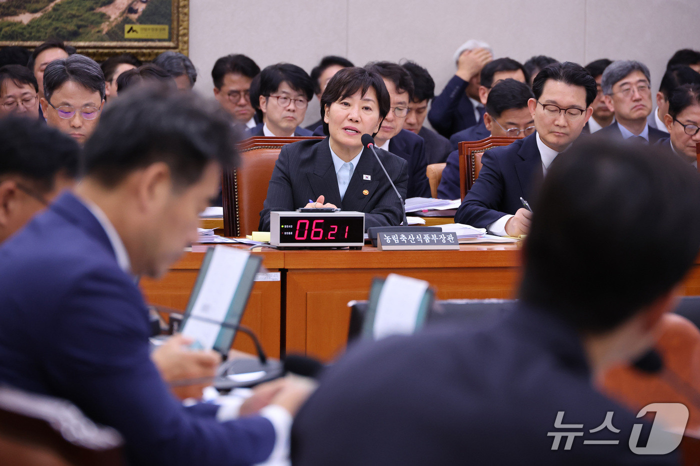 (서울=뉴스1) 신웅수 기자 = 송미령 농림축산식품부 장관이 22일 서울 여의도 국회에서 열린 농림축산식품해양수산위원회의 농림축산식품부 등에 대한 종합감사에서 의원 질의에 답변하고 …