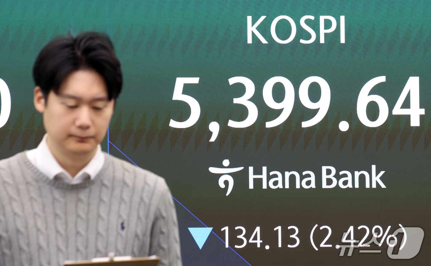 (서울=뉴스1) 김명섭 기자 = 23일 오전 서울 중구 하나은행 딜링룸 전광판에 장 초반 코스피 지수 등 시황이 표시되고 있다. 이날 코스피는 전장보다 130.60포인트(2.36% …