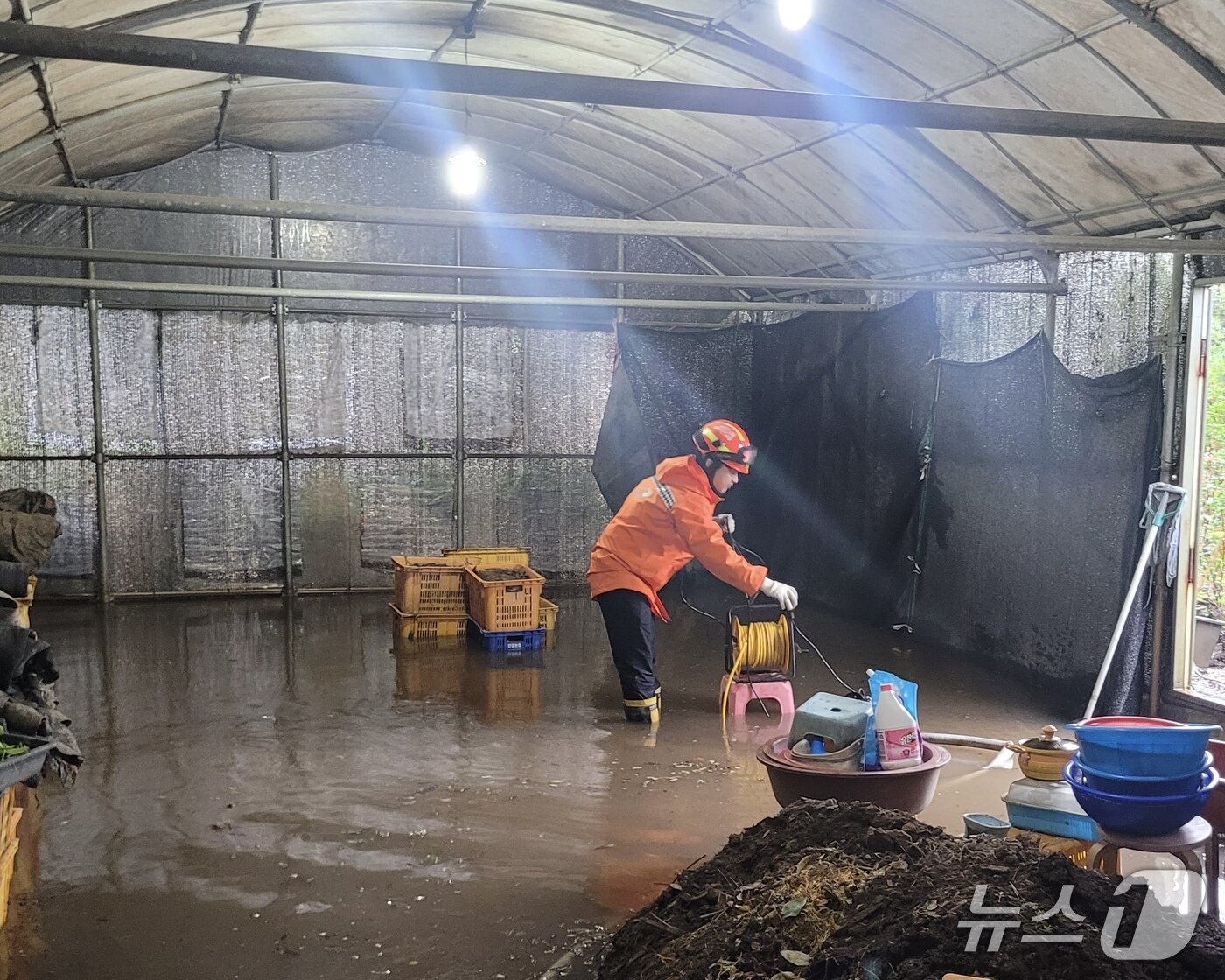 본문 이미지 - 지난 24일 제주시 이호2동 소재 비닐하우스가 침수된 모습.(제주도소방안전본부 제공. 재판매 및 DB 금지)
