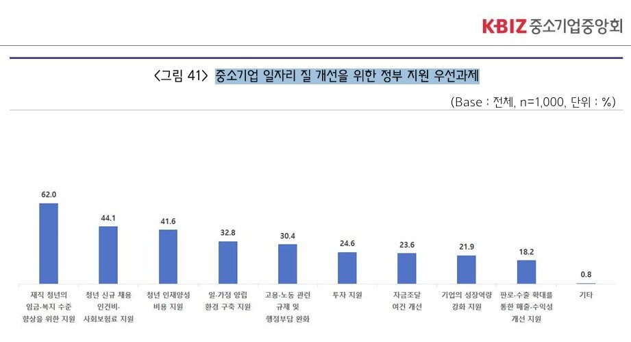 본문 이미지 - 중소기업 일자리 질 개선을 위한 정부 지원 우선과제(청년층 대상 중소기업 일자리 인식조사 보고서 갈무리)