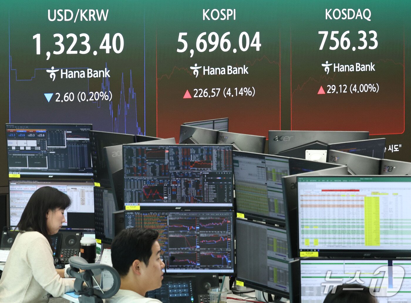 본문 이미지 - 반도체주 강세에 코스피가 4% 넘게 급등하며 매수 사이드카가 발동된 27일 서울 중구 하나은행 딜링룸 전광판에 코스피 지수 등 시황이 표시되고 있다. 2026.10.27 ⓒ 뉴스1 이종수 기자