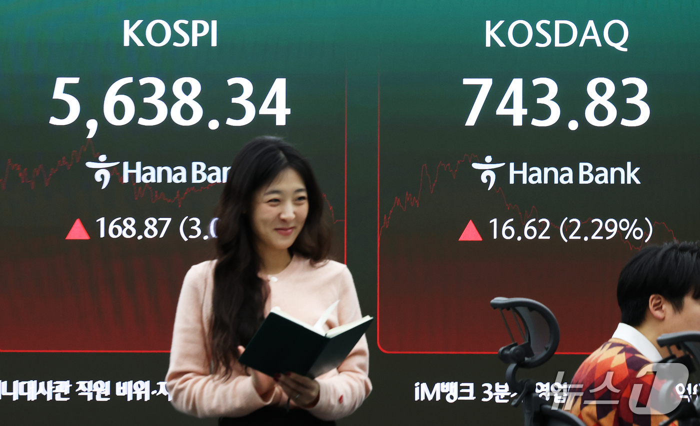 (서울=뉴스1) 오대일 기자 = 코스피가 3%대 급등하며 5,600선을 회복한 26일 오후 서울 중구 하나은행 본점 딜링룸 전광판에 코스피 등 종가가 표시되고 있다. 이날 코스피는 …