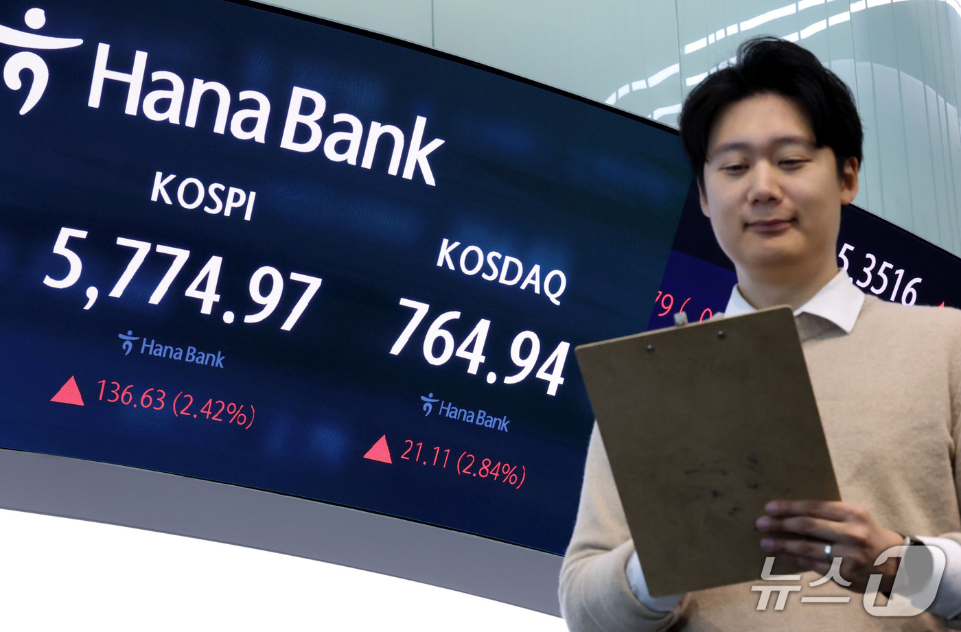 (서울=뉴스1) 이광호 기자 = 코스피가 장 초반 2% 넘게 상승하며 5700선을 돌파한 28일 오전 서울 중구 하나은행 딜링룸 현황판에 코스피 지수가 표시돼 있다.   2026. …