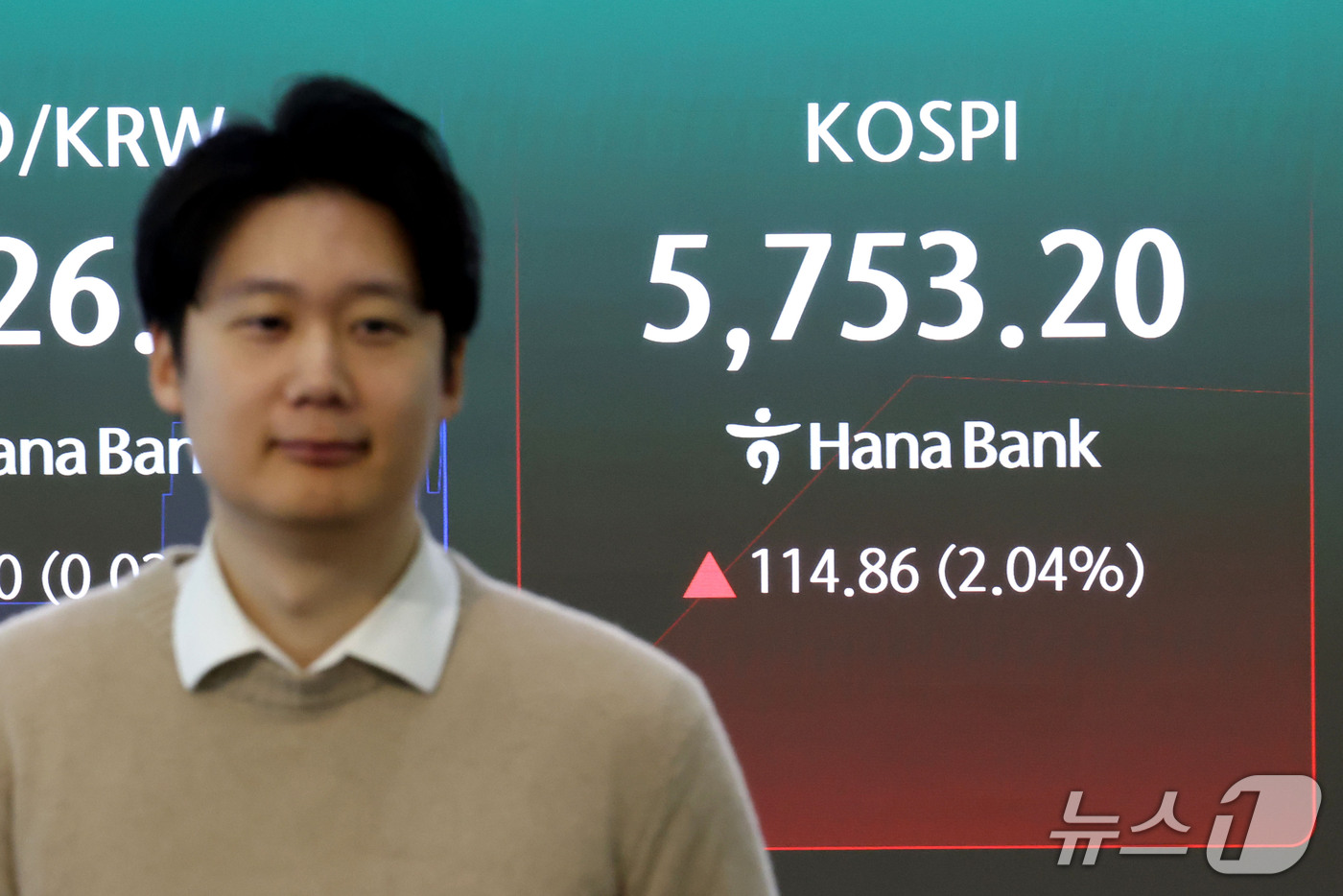 (서울=뉴스1) 이광호 기자 = 코스피가 장 초반 2% 넘게 상승하며 5700선을 돌파한 28일 오전 서울 중구 하나은행 딜링룸 현황판에 코스피 지수가 표시돼 있다. 2026.10 …