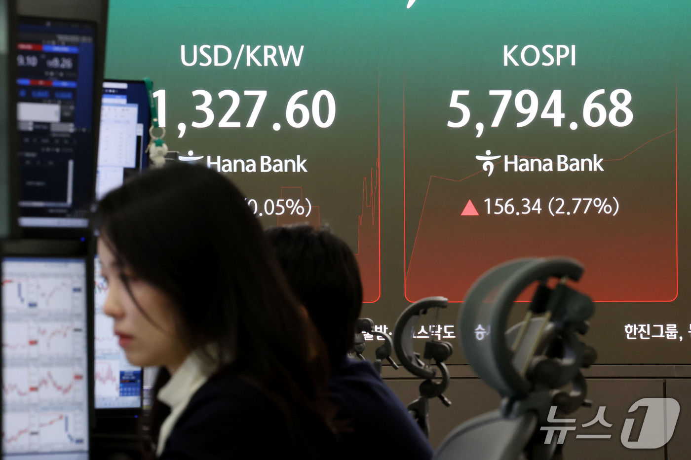 (서울=뉴스1) 이광호 기자 = 코스피가 장 초반 2% 넘게 상승하며 5700선을 돌파한 28일 오전 서울 중구 하나은행 딜링룸 현황판에 코스피 지수가 표시돼 있다.   2026. …