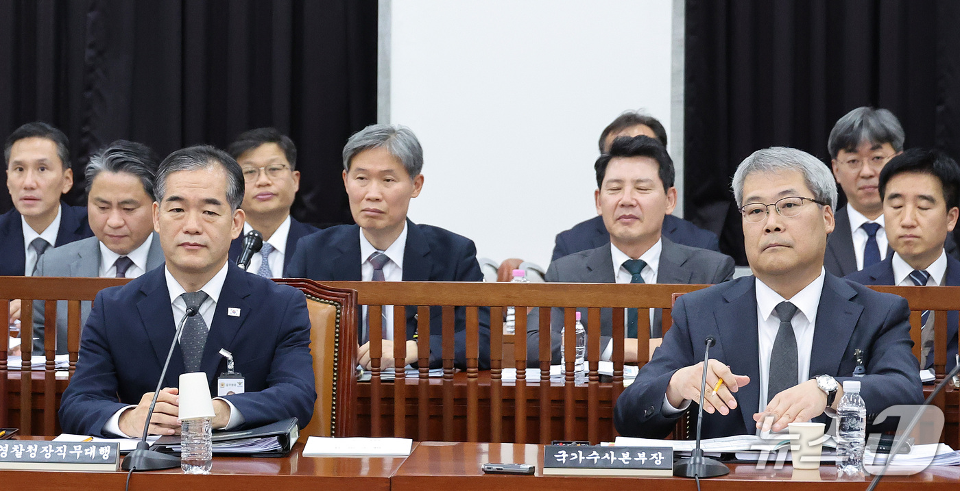 (서울=뉴스1) 신웅수 기자 = 김종철 경찰청장 직무대행(왼쪽)과 홍석기 국가수사본부장이 28일 서울 여의도 국회에서 열린 정보위원회의 경찰청에 대한 국정감사에 출석하고 있다. 2 …