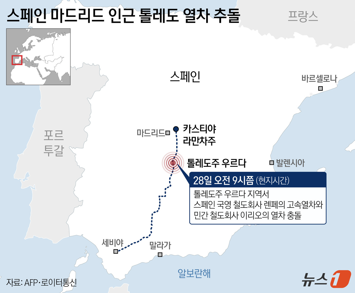 (서울=뉴스1) 윤주희 디자이너 = 28일(현지 시간) AFP·로이터통신에 따르면 이날 오전 9시쯤 마드리드에서 남쪽으로 약 120㎞ 떨어진 톨레도주 우르다 지역에서 스페인 국영 …