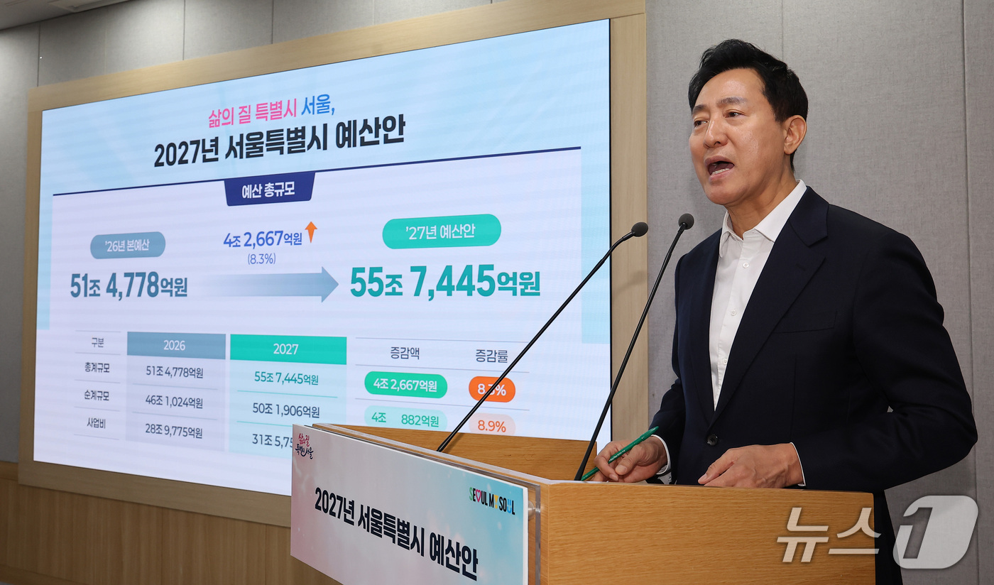 (서울=뉴스1) 김성진 기자 = 오세훈 서울시장이 29일 서울 중구 서울시청 브리핑룸에서 2027년 서울시 예산안을 발표하고 있다. 2026.10.29/뉴스1