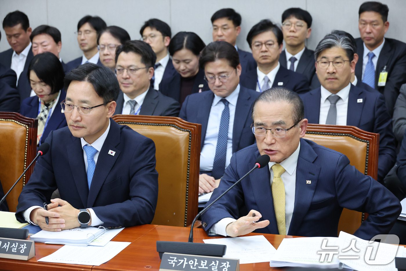 (서울=뉴스1) 신웅수 기자 = 위성락 국가안보실장이 29일 서울 여의도 국회에서 열린 국회운영위원회의 대통령 비서실 등에 대한 국정감사에서 의원 질의에 답변하고 있다. 2026. …