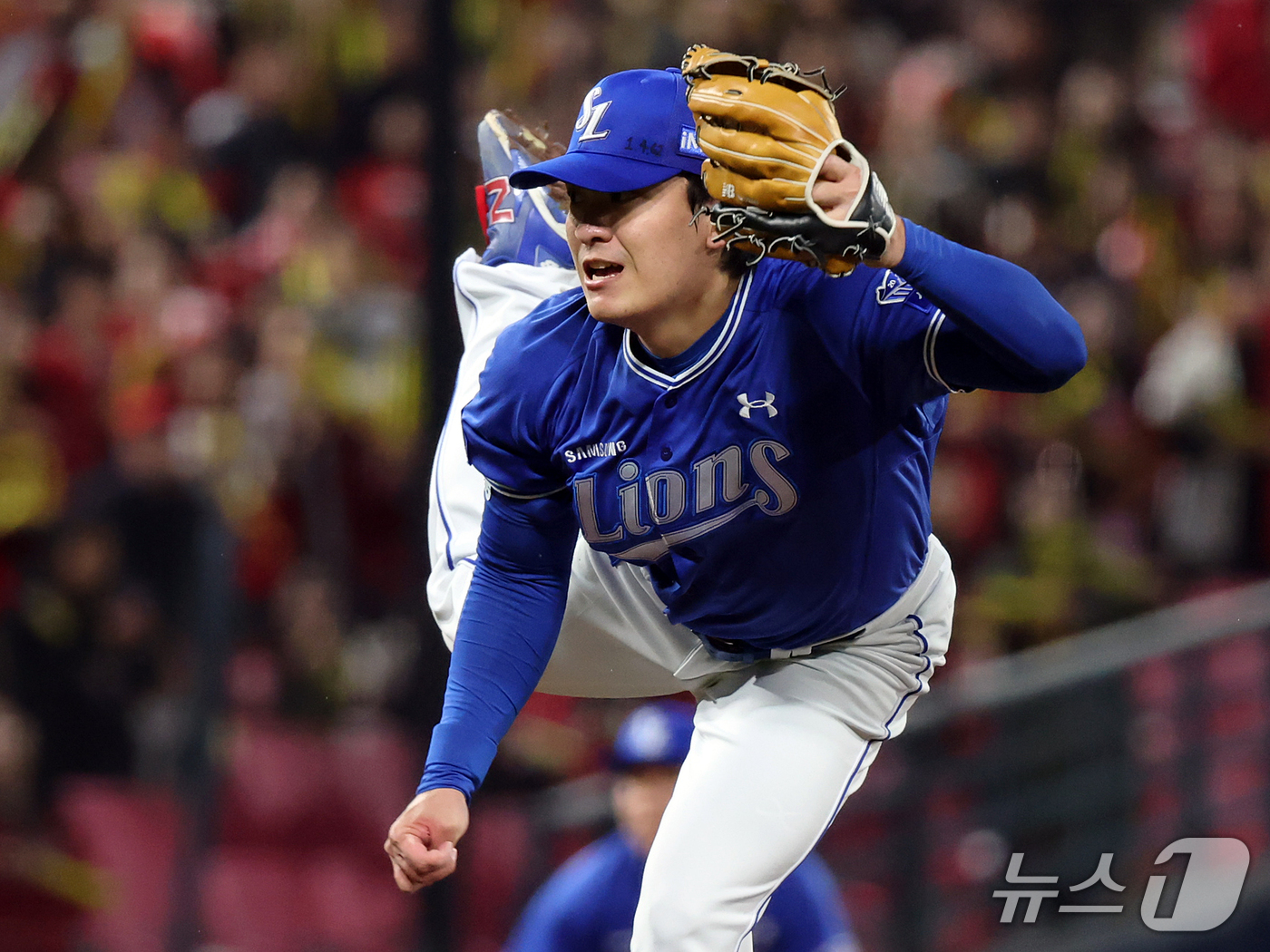 (전남광주=뉴스1) 김진환 기자 = 29일 오후 전남광주 기아챔피언스필드에서 열린 프로야구 2026 신한 SOL KBO 포스트시즌 플레이오프 3차전 삼성 라이온즈와 KIA 타이거즈 …