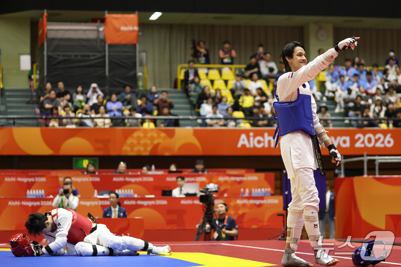 (도요하시=뉴스1) 안은나 기자 = 대한민국 문진호가 3일 일본 도요하시 체육관에서 열린 2026 아이치·나고야 아시안게임 태권도 남자 -68㎏급 준결승전에서 태국 텁팀댕 반룽에 …