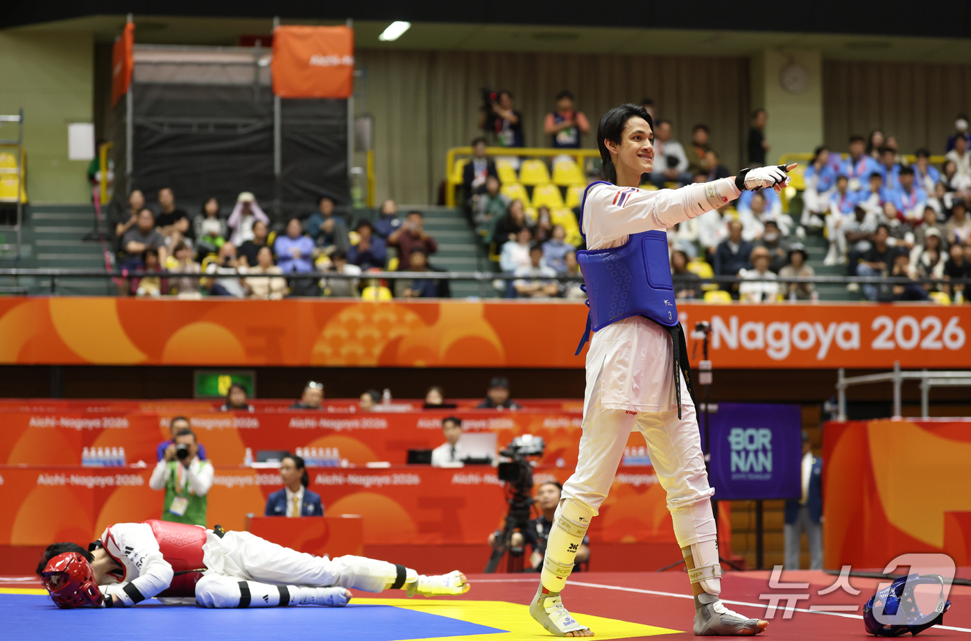 (도요하시=뉴스1) 안은나 기자 = 대한민국 문진호가 3일 일본 도요하시 체육관에서 열린 2026 아이치·나고야 아시안게임 태권도 남자 -68㎏급 준결승전에서 태국 텁팀댕 반룽에 …