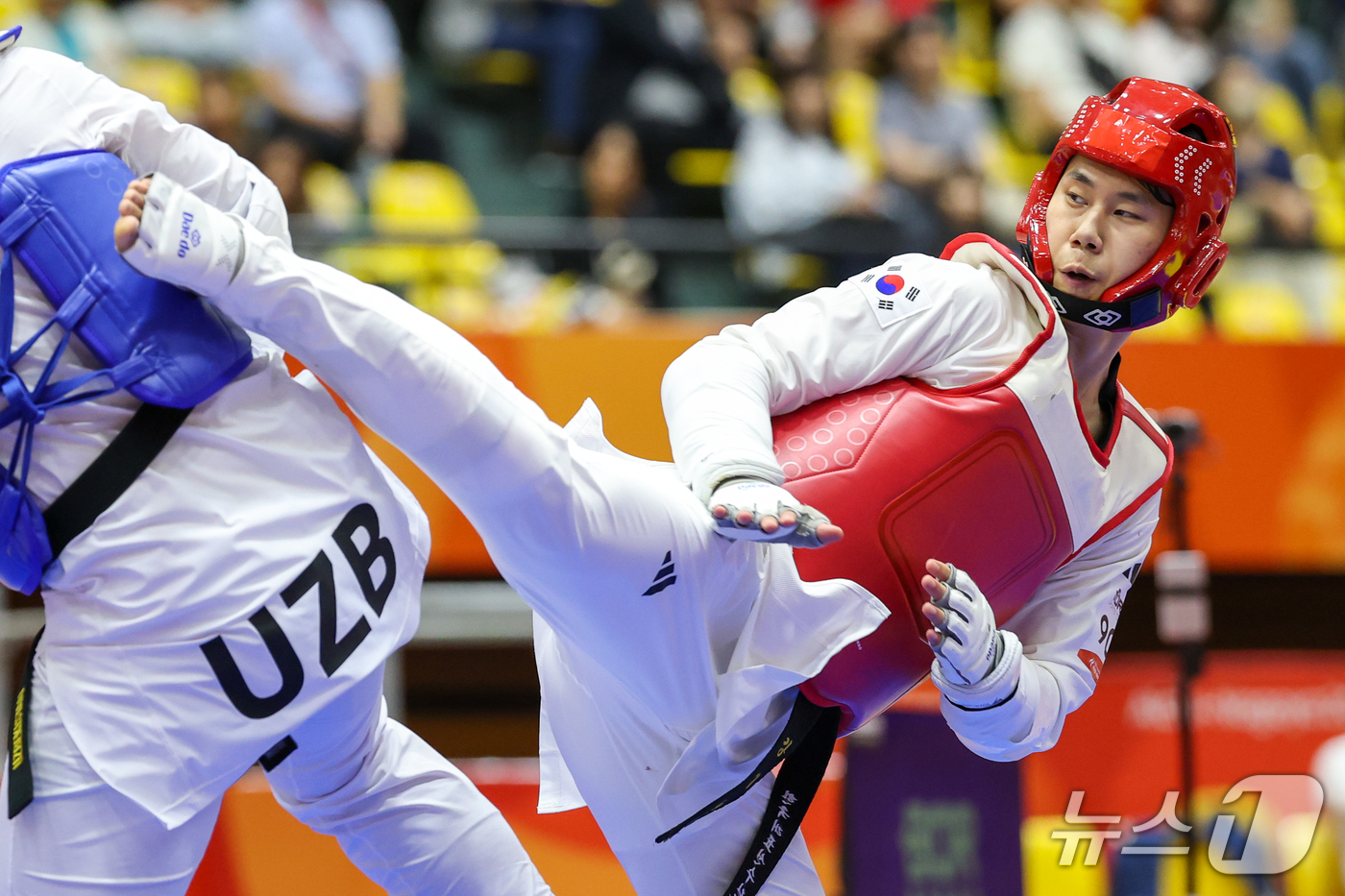 (도요하시=뉴스1) 안은나 기자 = 대한민국 강상현이 3일 일본 도요하시 체육관에서 열린 2026 아이치·나고야 아시안게임 태권도 남자 +80㎏급 준결승전에서 우즈베키스탄 마블로노 …