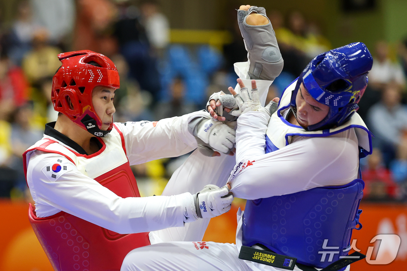 (도요하시=뉴스1) 안은나 기자 = 대한민국 강상현이 3일 일본 도요하시 체육관에서 열린 2026 아이치·나고야 아시안게임 태권도 남자 +80㎏급 준결승전에서 우즈베키스탄 마블로노 …