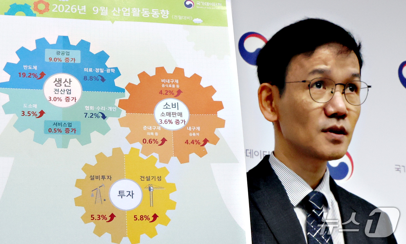 (세종=뉴스1) 김기남 기자 = 이두원 국가데이터처 경제동향통계심의관이 30일 세종시 정부세종청사에서 2026년 9월 및 3분기 산업활동동향을 발표하고 있다. 전산업생산은 공공행정 …