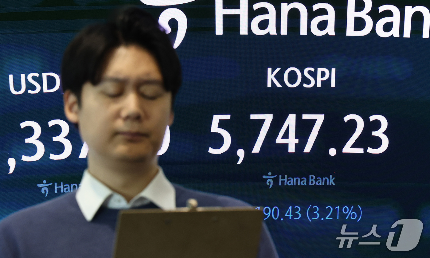 (서울=뉴스1) 최지환 기자 = 30일 오전 서울 중구 하나은행 딜링룸 전광판에 증시 시황이 표시되고 있다.이날 코스피는 전장보다 177.31포인트(2.99%) 내린 5760.53 …
