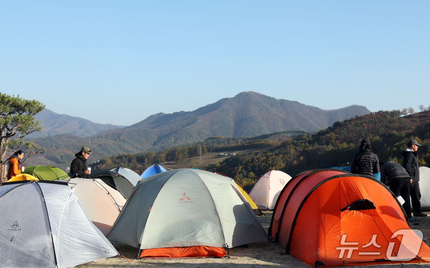 (태백=뉴스1) 김명섭 기자 = 31일 강원도 태백시 몽토랑산양목장에서 열린 '태백행 단풍편' 백패킹 행사에 모인 백패커들이 깊어가는 가을을 즐기고 있다.이번 행사는 붉고 노랗게 …