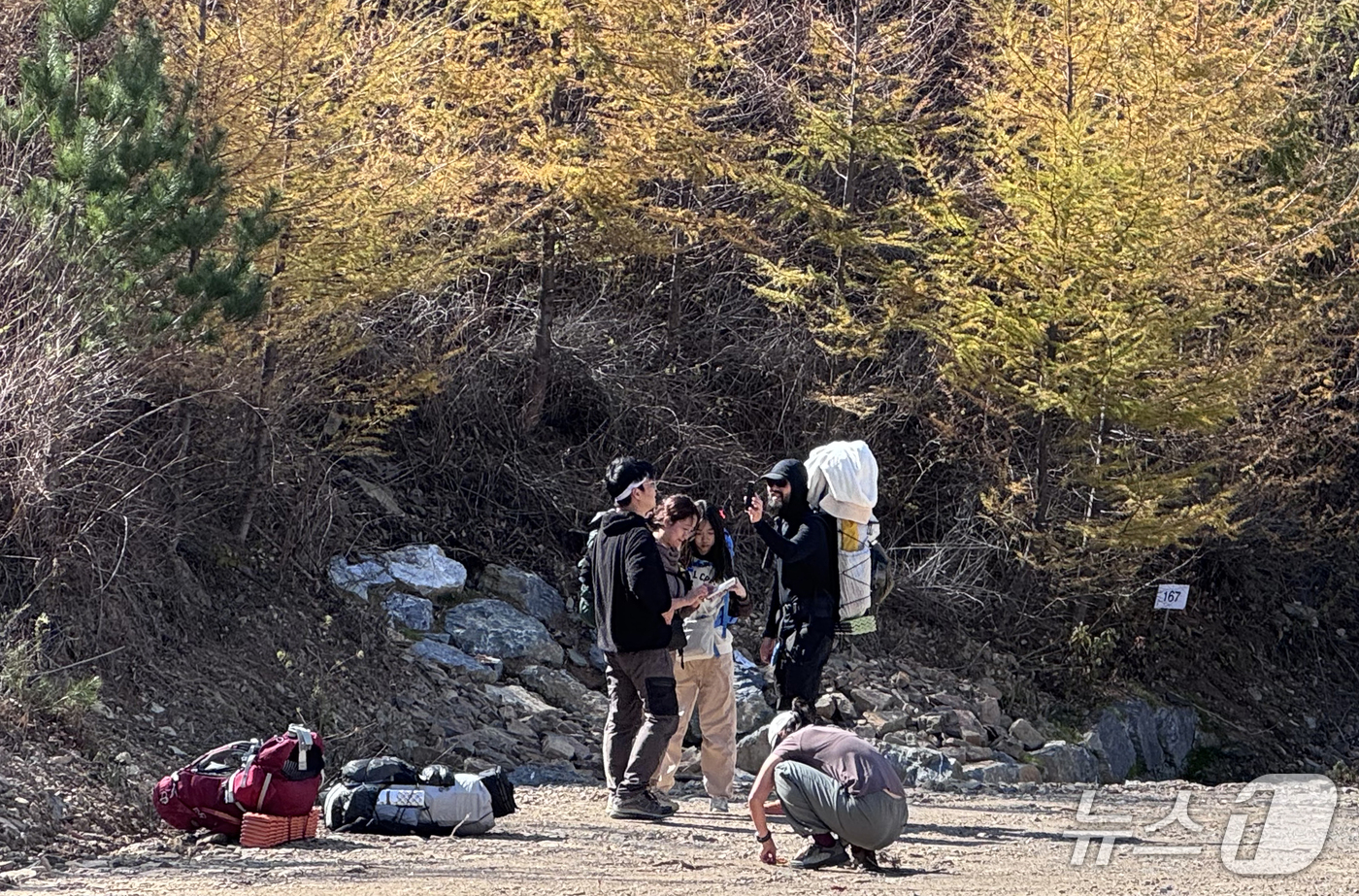 (태백=뉴스1) 김명섭 기자 = 31일 강원도 태백시 몽토랑산양목장에서 열린 '태백행 단풍편' 백패킹 행사에 모인 백패커들이 트레킹을 하고 있다.이번 행사는 붉고 노랗게 물든 수려 …