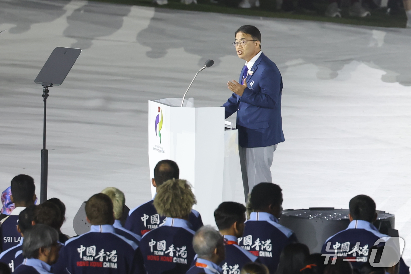 (나고야=뉴스1) 김민지 기자 = 오무라 히데아키 아이치현 지사 겸 대회 조직위원장이 4일 오후 일본 나고야 팔로마 미즈호 스타디움에서 열린 2026 아이치·나고야 아시안게임 폐회 …
