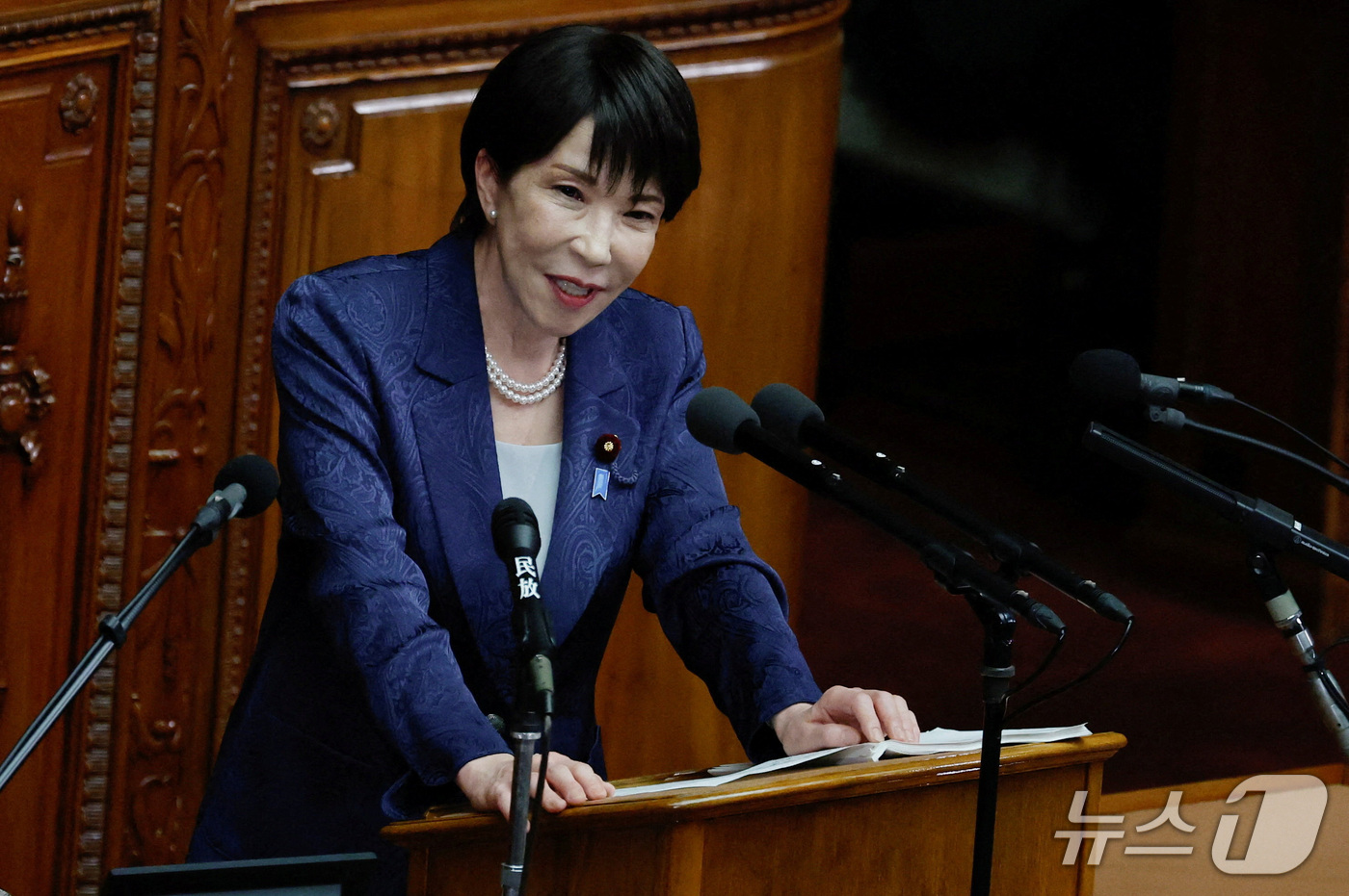(도쿄 로이터=뉴스1) 최종일 선임기자 = 다카이치 사나에 일본 총리가 5일 일본 도쿄 국회에서 소신표명 연설을 하고 있다. 2026.10.05ⓒ 로이터=뉴스1