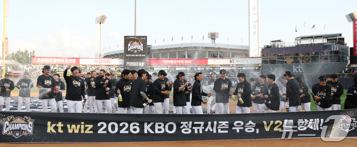 (수원=뉴스1) 김영운 기자 = 5일 오후 경기 수원시 장안구 KT위즈파크에서 열린 '2026 신한 SOL 뱅크 KBO리그' 롯데 자이언츠와 KT 위즈의 경기 종료 후 KT 선수들 …