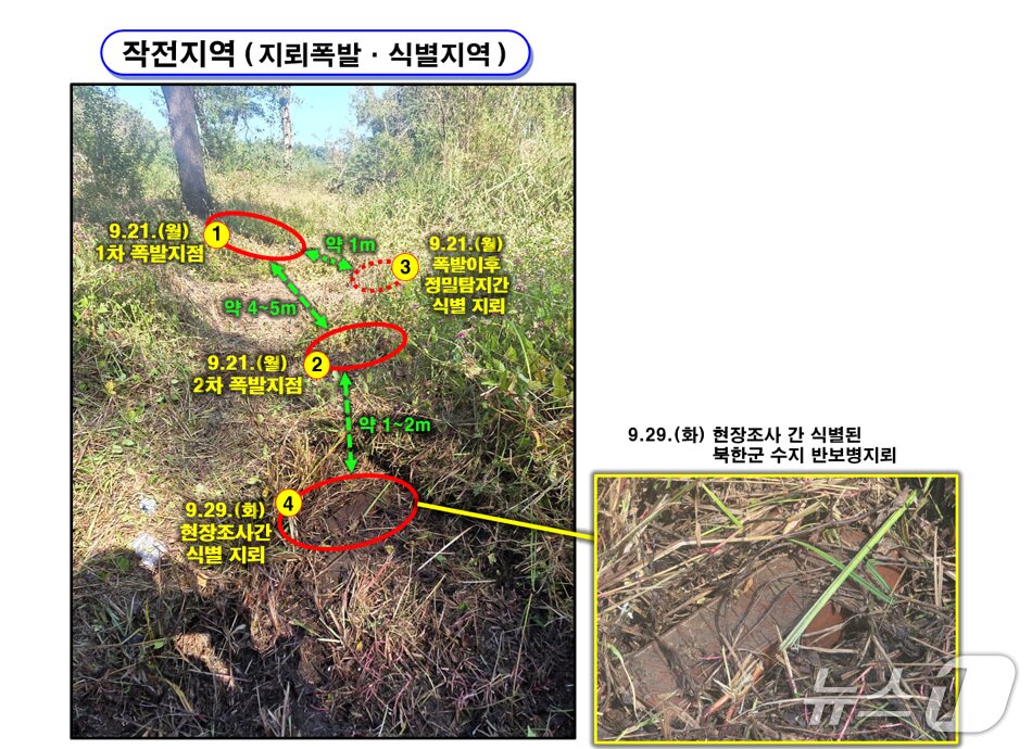 본문 이미지 - 합동참모본부가 5일 서울 용산구 국방부에서 열린 25사단 DMZ 작전간 지뢰 폭발상황 관련 합참 합동 현장조사 TF 최종 조사결과를 발표하며 사진을 공개했다. (합동참모본부 제공, 재판매 및 DB 금지) 2026.10.5 ⓒ 뉴스1