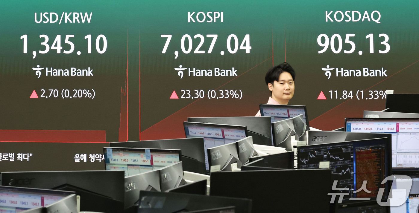 (서울=뉴스1) 이종수 기자 = 6일 오전 서울 중구 하나은행 딜링룸 전광판에 코스피 지수 등 시황이 표시되고 있다. 이날 코스피는 전 거래일(7003.74) 대비 0.58%(40 …