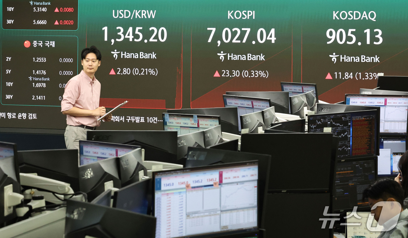 (서울=뉴스1) 이종수 기자 = 6일 오전 서울 중구 하나은행 딜링룸 전광판에 코스피 지수 등 시황이 표시되고 있다. 이날 코스피는 전 거래일(7003.74) 대비 0.58%(40 …