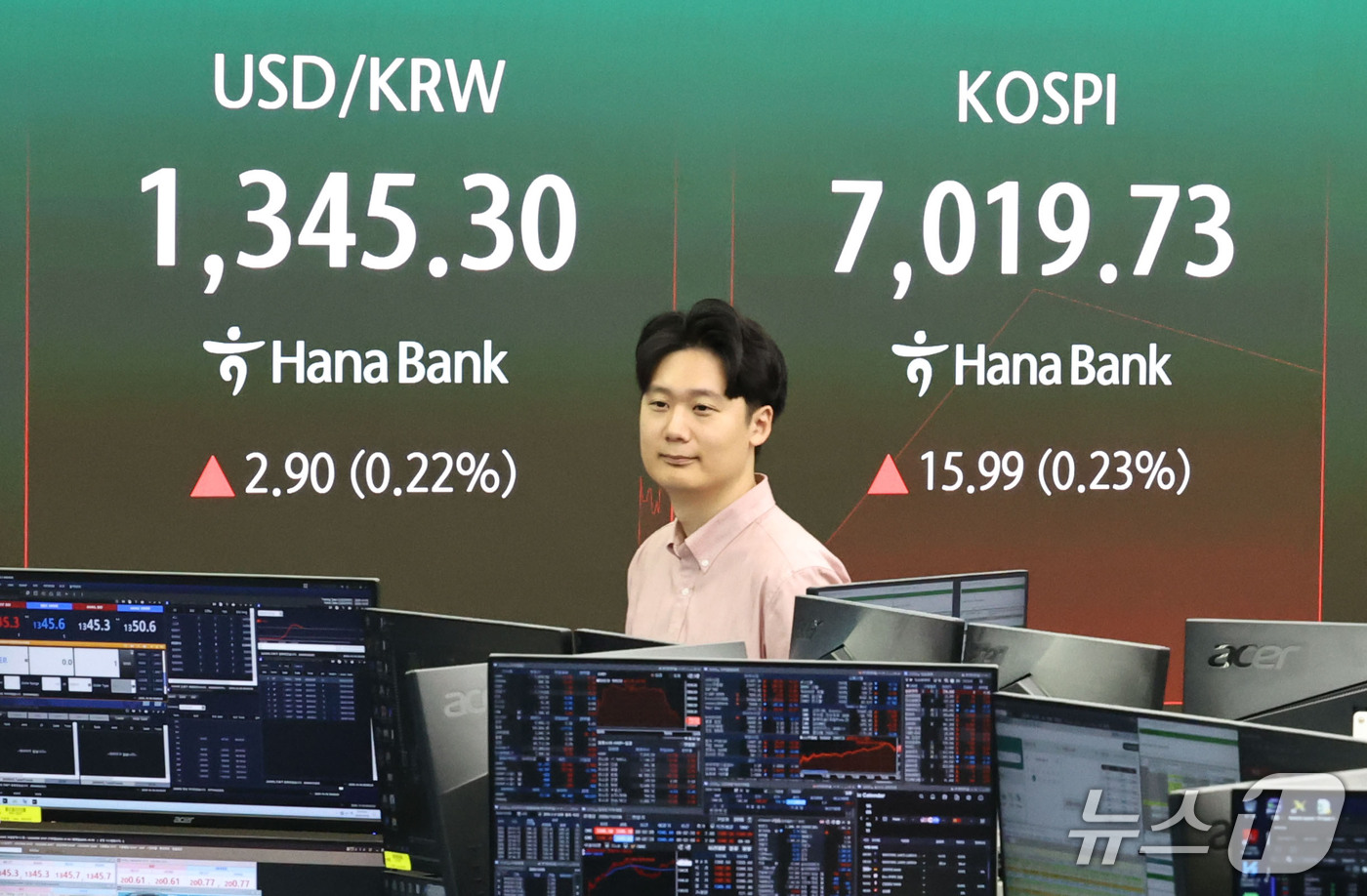 (서울=뉴스1) 이종수 기자 = 6일 오전 서울 중구 하나은행 딜링룸 전광판에 코스피 지수 등 시황이 표시되고 있다. 이날 코스피는 전 거래일(7003.74) 대비 0.58%(40 …