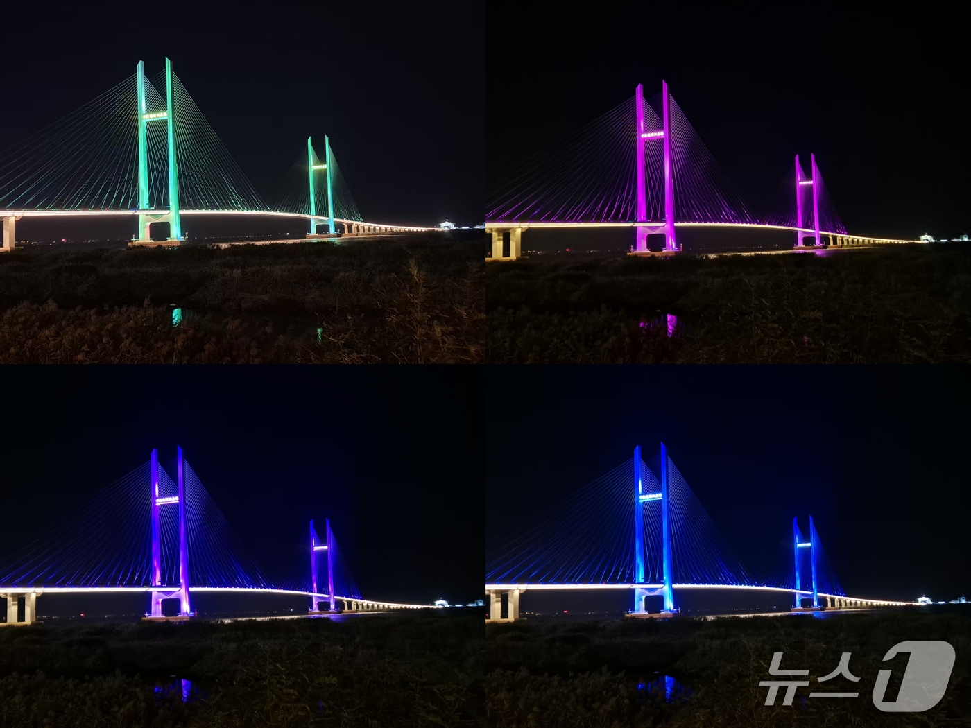 (단둥=뉴스1) 노민호 특파원 = 5일 중국 랴오닝성 단둥에서 바라본 신압록강대교의 주탑과 케이블이 녹색·보라색·파란색 조명으로 빛나고 있다. '중조압록강대교'(中朝鸭绿江大桥)라는 …