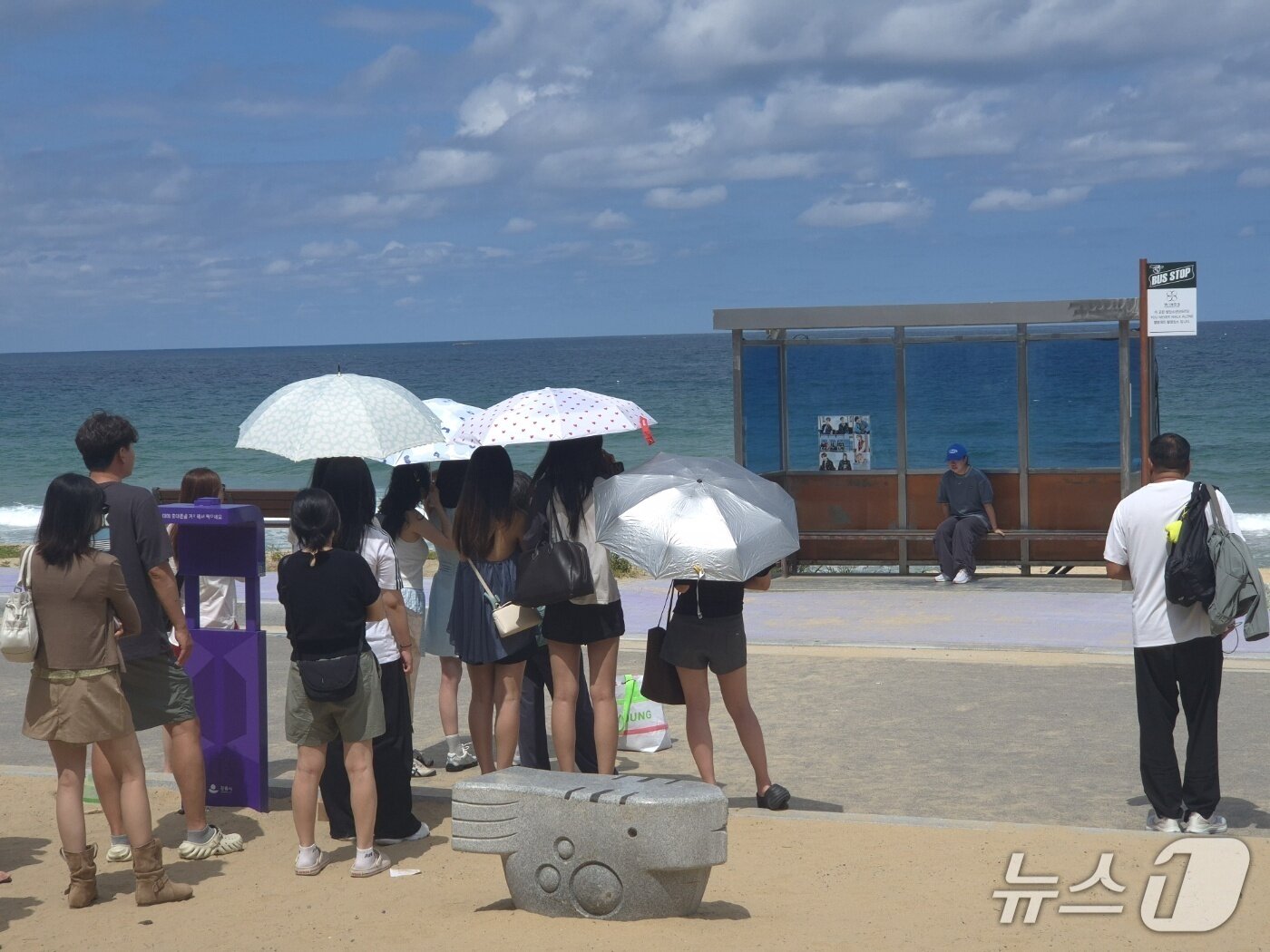 본문 이미지 - 강릉 주문진 향호해변 BTS 정류장에서 기념촬영하고 있는 외국인 관광객들.(뉴스1 DB)