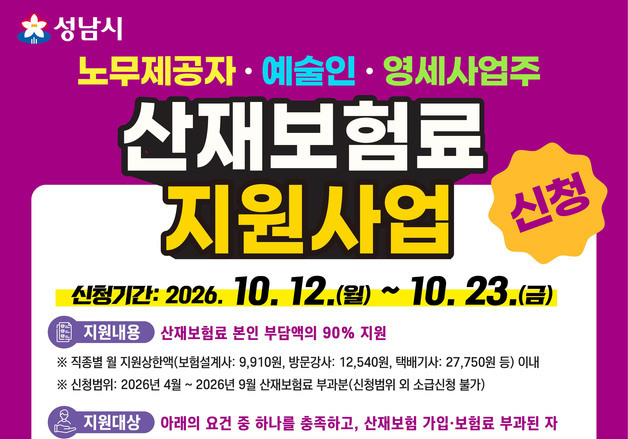 성남시, 보험설계사·예술인 등 산재보험료 지원