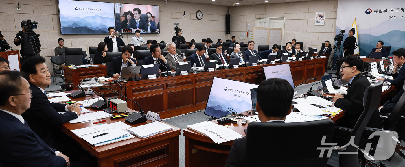 (서울=뉴스1) 구윤성 기자 = 한동훈 무소속 의원(오른쪽)이 7일 서울 종로구 통일부 남북회담본부에서 열린 국회 외교통일위원회의 통일부 등에 대한 국정감사에서 정동영 장관에게 질 …
