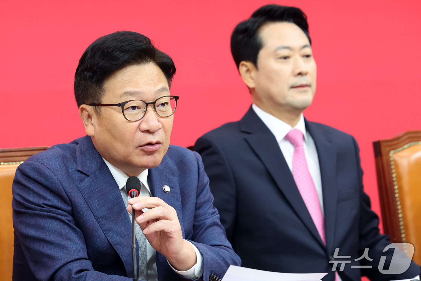 (서울=뉴스1) 황기선 기자 = 정점식 국민의힘 원내대표가 8일 오전 서울 여의도 국회에서 열린 최고위원회의에서 발언을 하고 있다.  2026.10.8/뉴스1