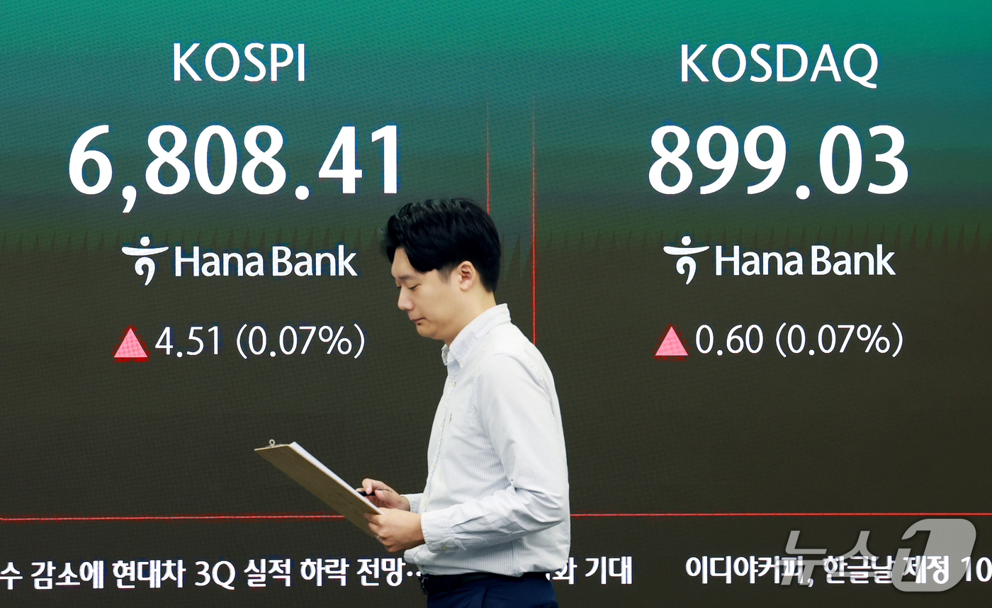 (서울=뉴스1) 이호윤 기자 = 8일 서울 중구 하나은행 본점 딜링룸 전광판에 코스피 등 시황이 표시되고 있다. 이날 코스피는 전일 종가와 비교해 4.78포인트(0.07%) 상승한 …