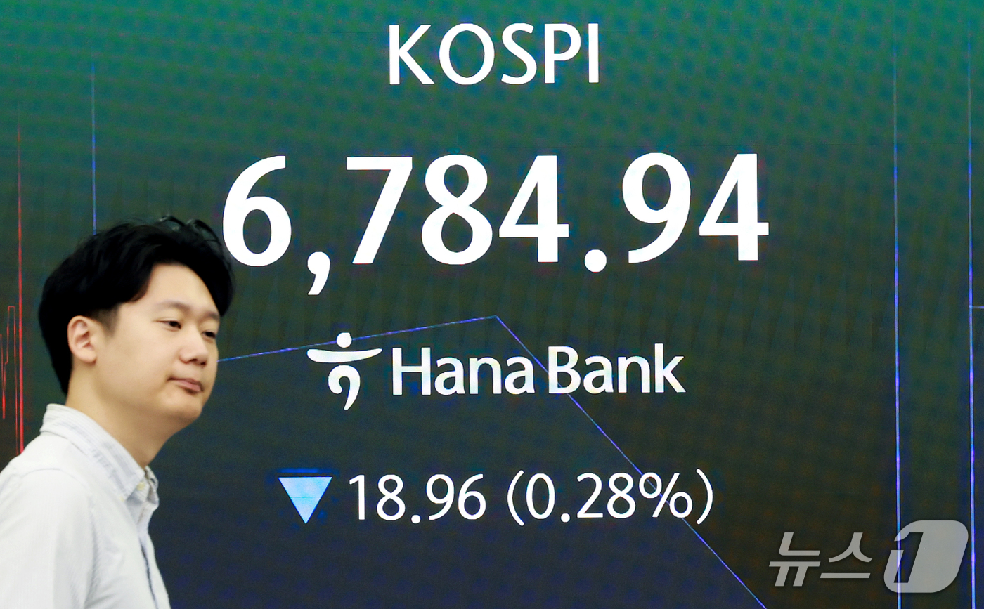 (서울=뉴스1) 이호윤 기자 = 8일 서울 중구 하나은행 본점 딜링룸 전광판에 코스피 등 시황이 표시되고 있다. 이날 코스피는 전일 종가와 비교해 4.78포인트(0.07%) 상승한 …