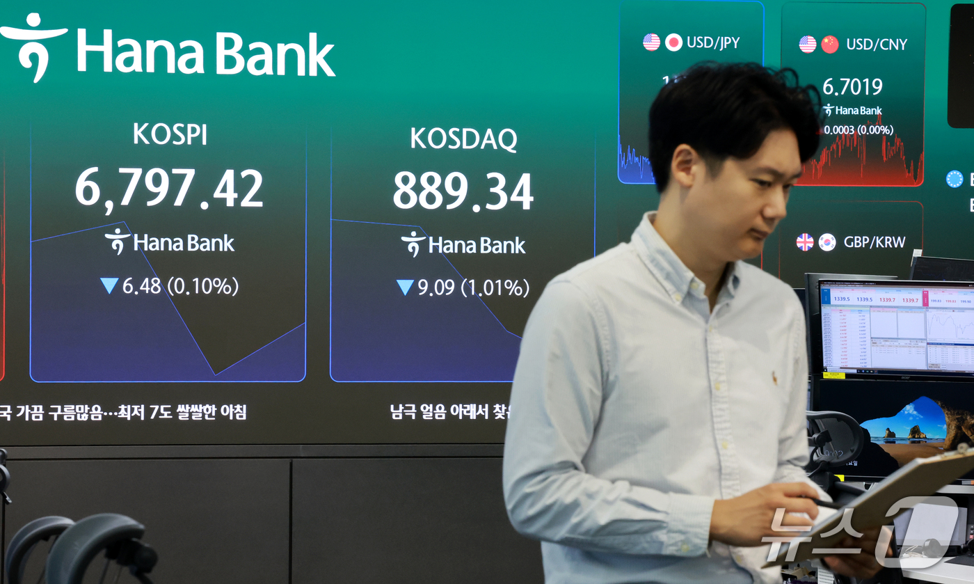 (서울=뉴스1) 이호윤 기자 = 8일 서울 중구 하나은행 본점 딜링룸 전광판에 코스피 등 시황이 표시되고 있다. 이날 코스피는 전일 종가와 비교해 4.78포인트(0.07%) 상승한 …