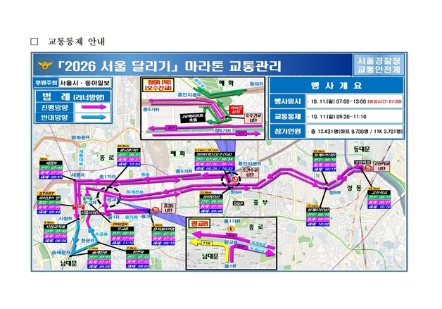 11일 마라톤 대회로 서울시청 등 도심권 교통 통제…혼잡 예상