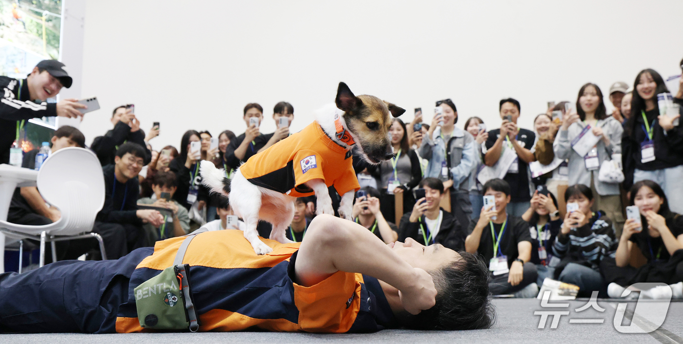(수원=뉴스1) 김영운 기자 = 8일 경기 수원시 권선구 수원메쎄에서 열린 '2026 경기도 소방장비 전시회'에서 인명구조견 신디가 심폐소생술 시범을 보이고 있다. 2026.10. …