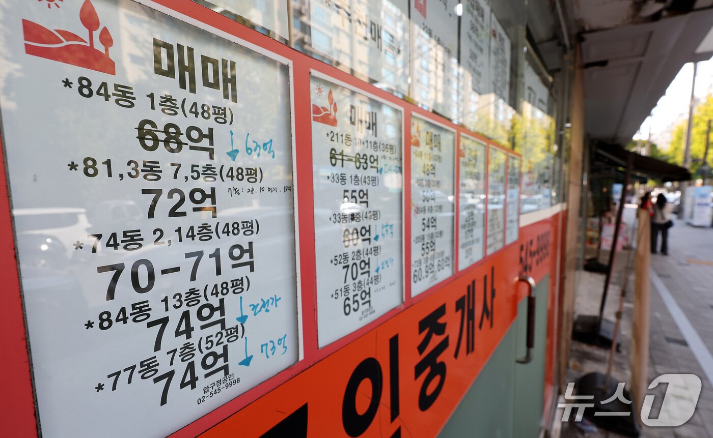 본문 이미지 - 8일 서울 강남구의 한 부동산중개업소에 매매 호가를 낮춰 표시한 아파트 매물 안내문들이 붙어 있다. 2026.10.8 ⓒ 뉴스1 박지혜 기자