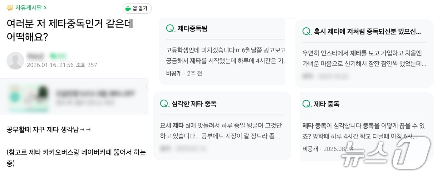 본문 이미지 -  AI 캐릭터 채팅 서비스 관련 커뮤니티, 네이버 지식인(iN) 게시글 갈무리.  채팅 서비스를 이용하는 청소년들이 관련 고민을 토로하고 있다.