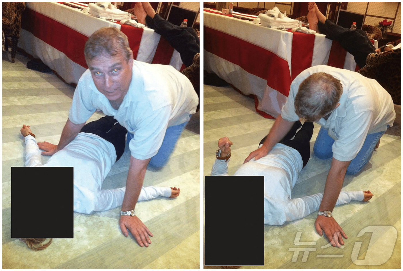 (워싱턴 로이터=뉴스1) 양은하 기자 = 30일(현지시간) 미국 워싱턴DC에서 미 법무부가 공개한 제프리 엡스타인 관련 수사 자료에서 영국 앤드루 왕자가 한 여성 위에 무릎을 꿇은 …