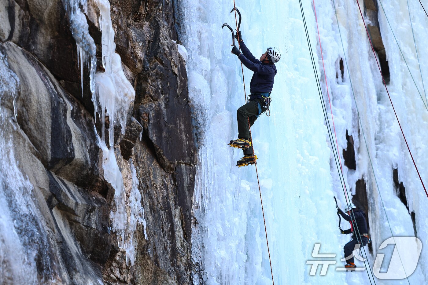 본문 이미지 - 1일 경기 양주시 가래비 빙벽을 찾은 등반 동호인들이 빙벽을 오르고 있다. 2026.2.1/뉴스1 ⓒ News1 김도우 기자