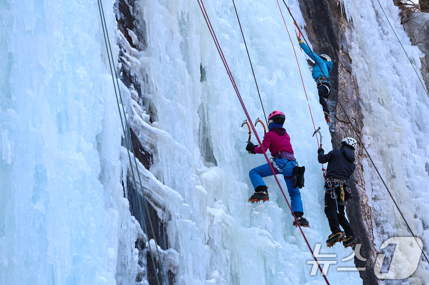 본문 이미지 - 1일 경기 양주시 가래비 빙벽을 찾은 등반 동호인들이 빙벽을 오르고 있다. 2026.2.1/뉴스1 ⓒ News1 김도우 기자