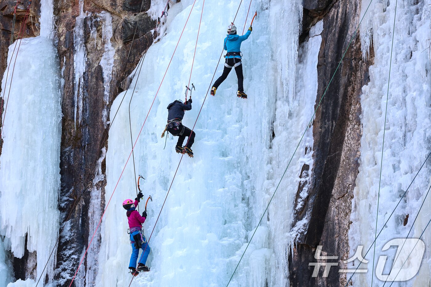 본문 이미지 - 1일 경기 양주시 가래비 빙벽을 찾은 등반 동호인들이 빙벽을 오르고 있다. 2026.2.1/뉴스1 ⓒ News1 김도우 기자