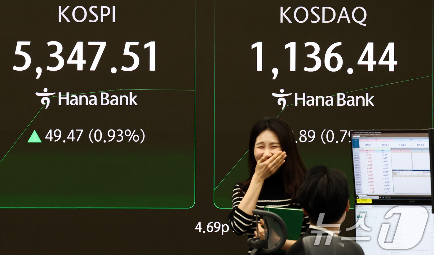 (서울=뉴스1) 최지환 기자 = 코스피가 상승 출발한 10일 서울 중구 하나은행 본점 딜링룸 전광판에 증시 시황이 표시되어 있다. 2026.2.10/뉴스1