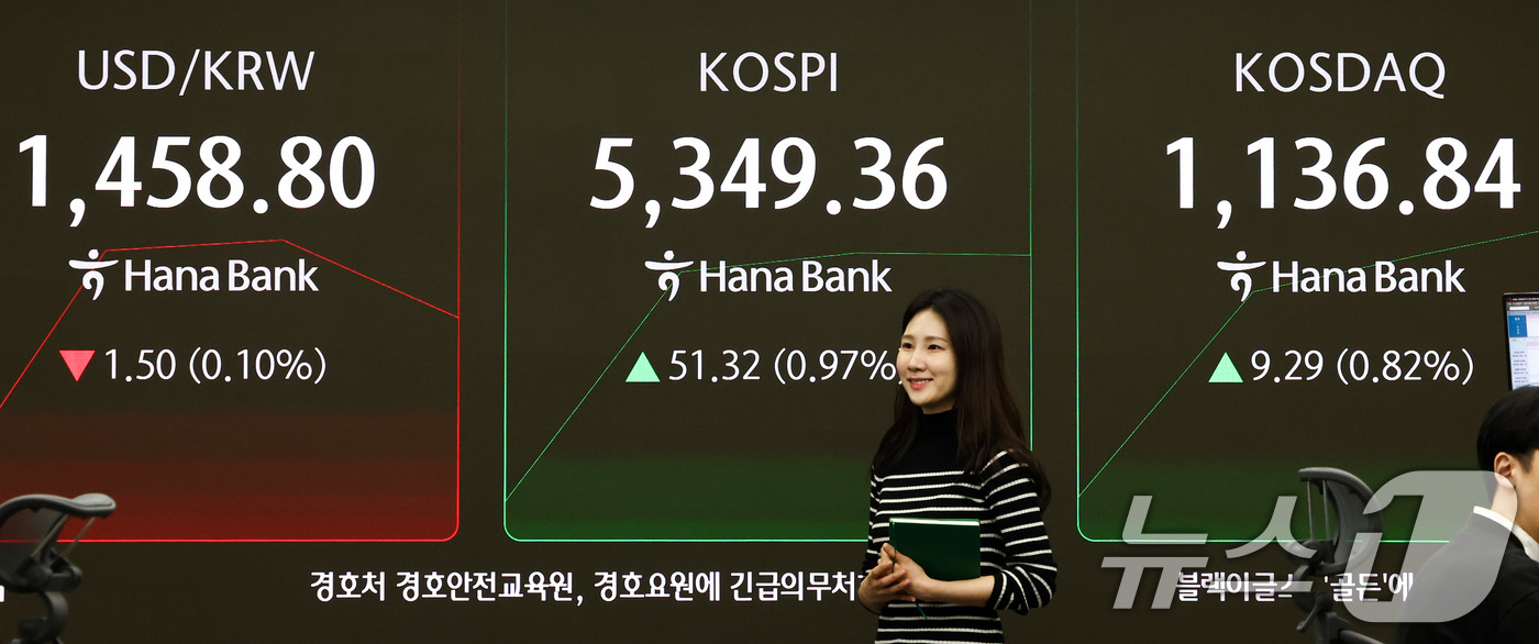 (서울=뉴스1) 최지환 기자 = 코스피가 상승 출발한 10일 서울 중구 하나은행 본점 딜링룸 전광판에 증시 시황이 표시되어 있다. 2026.2.10/뉴스1