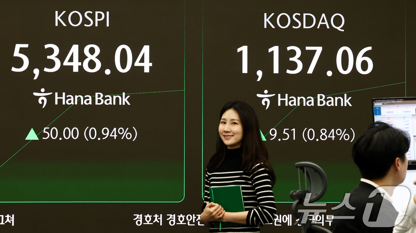 (서울=뉴스1) 최지환 기자 = 코스피가 상승 출발한 10일 서울 중구 하나은행 본점 딜링룸 전광판에 증시 시황이 표시되어 있다. 2026.2.10/뉴스1